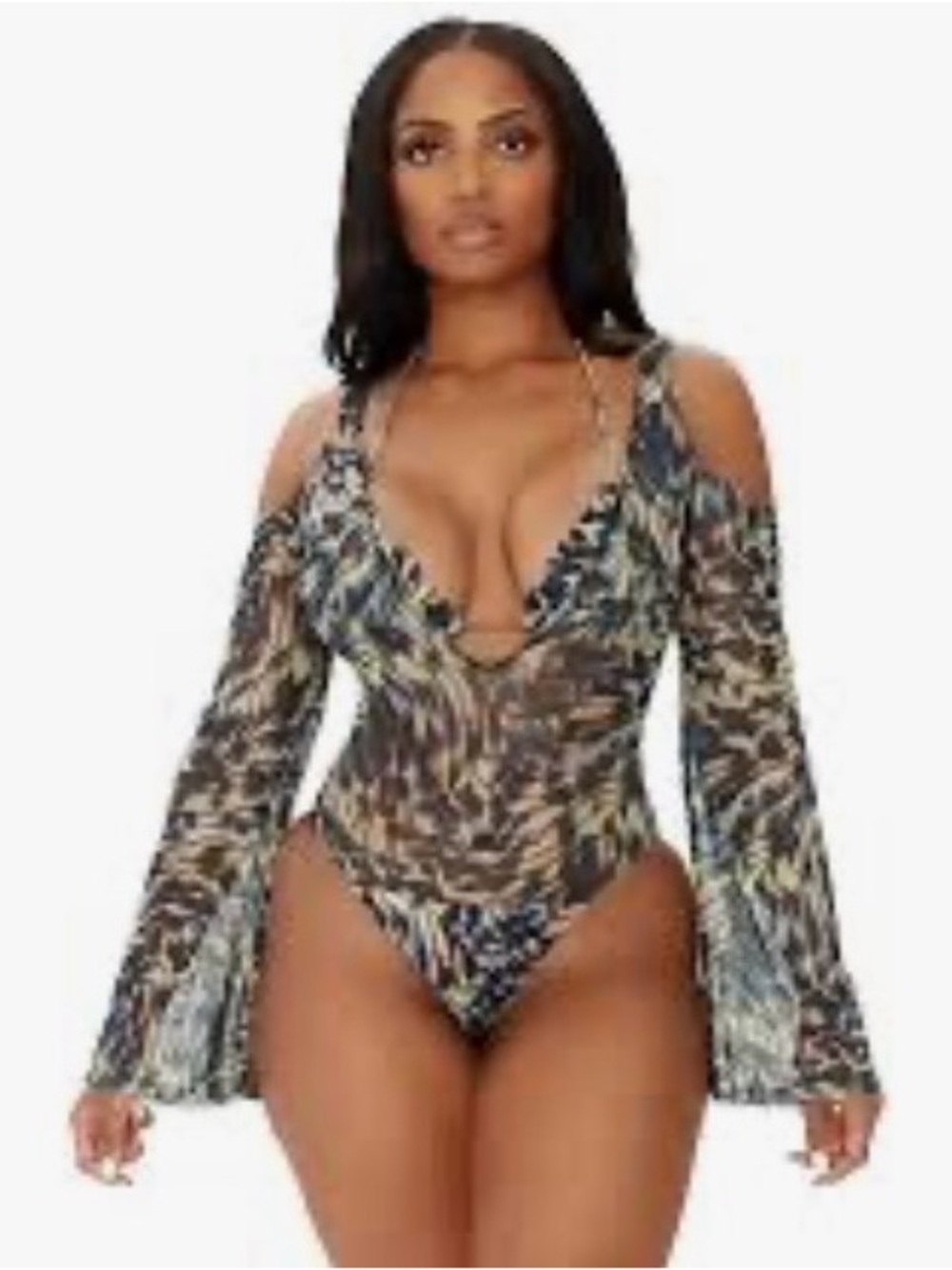 Sheer Animal-Print Cold-Shoulder Bodysuit in Black and Tan